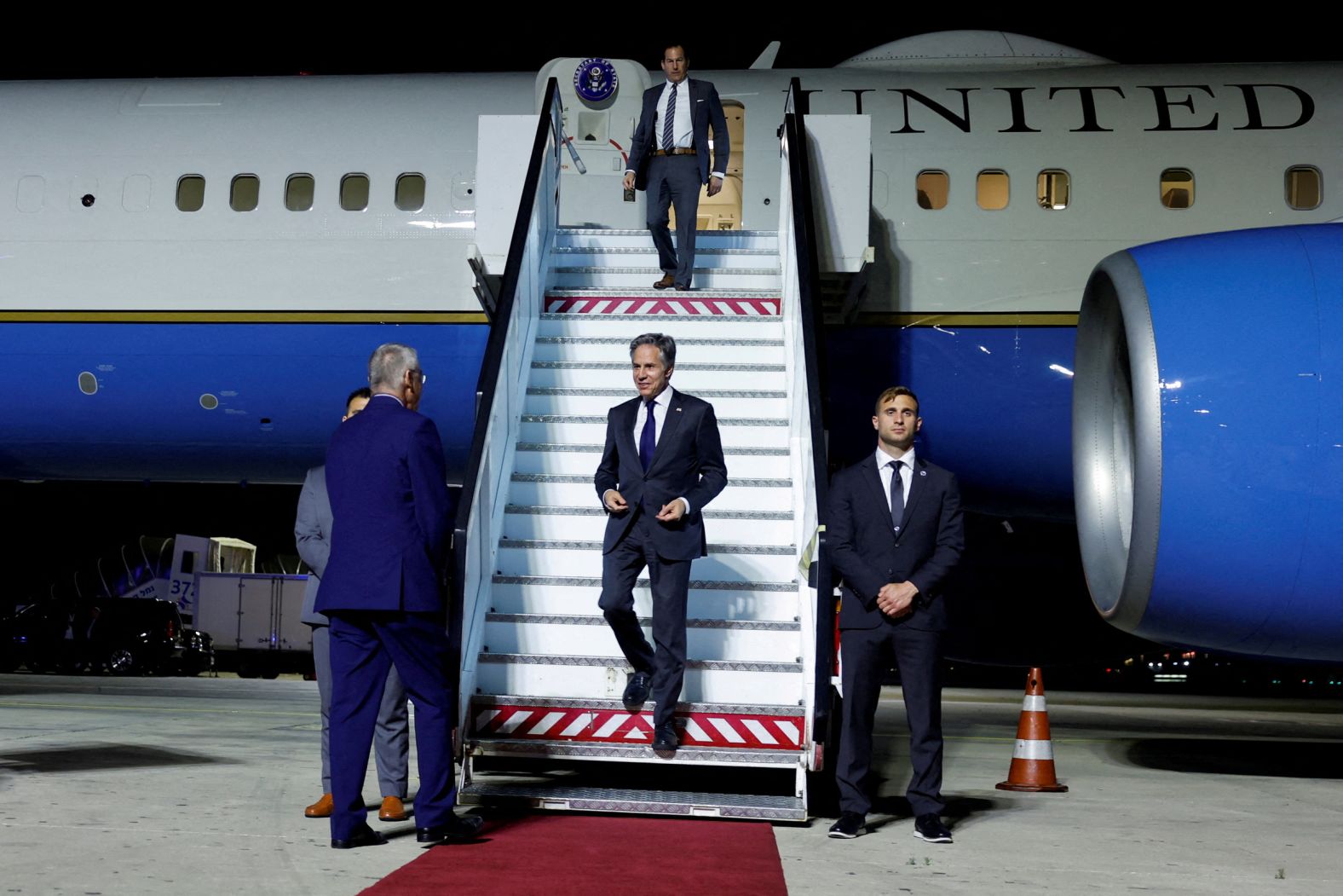 US Secretary of State Antony Blinken, center, is welcomed by Mike Herzog, the Israeli ambassador to the United States, after arriving at the Ben Gurion Airport near Tel Aviv, Israel, on Tuesday, April 30. <a href="index.php?page=&url=https%3A%2F%2Fwww.cnn.com%2F2024%2F04%2F30%2Fpolitics%2Fblinken-israel-meetings-ceasefire-deal%2Findex.html" target="_blank">Blinken held another round of high-stakes talks in Israel</a> on Wednesday as the United States seeks to ratchet up the pressure on Hamas to accept a ceasefire and hostage release deal, while also seeking to forestall an Israeli military offensive in Rafah and further address the humanitarian crisis in Gaza.