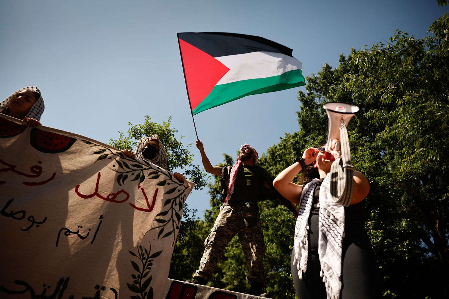 Pro-Palestinian protesters demonstrate on the George Washington University campus in Washington, DC, on May 2.