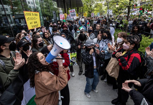 Pro-Palestinian protesters demonstrate on the New York University campus in New York on Friday, May 3.
