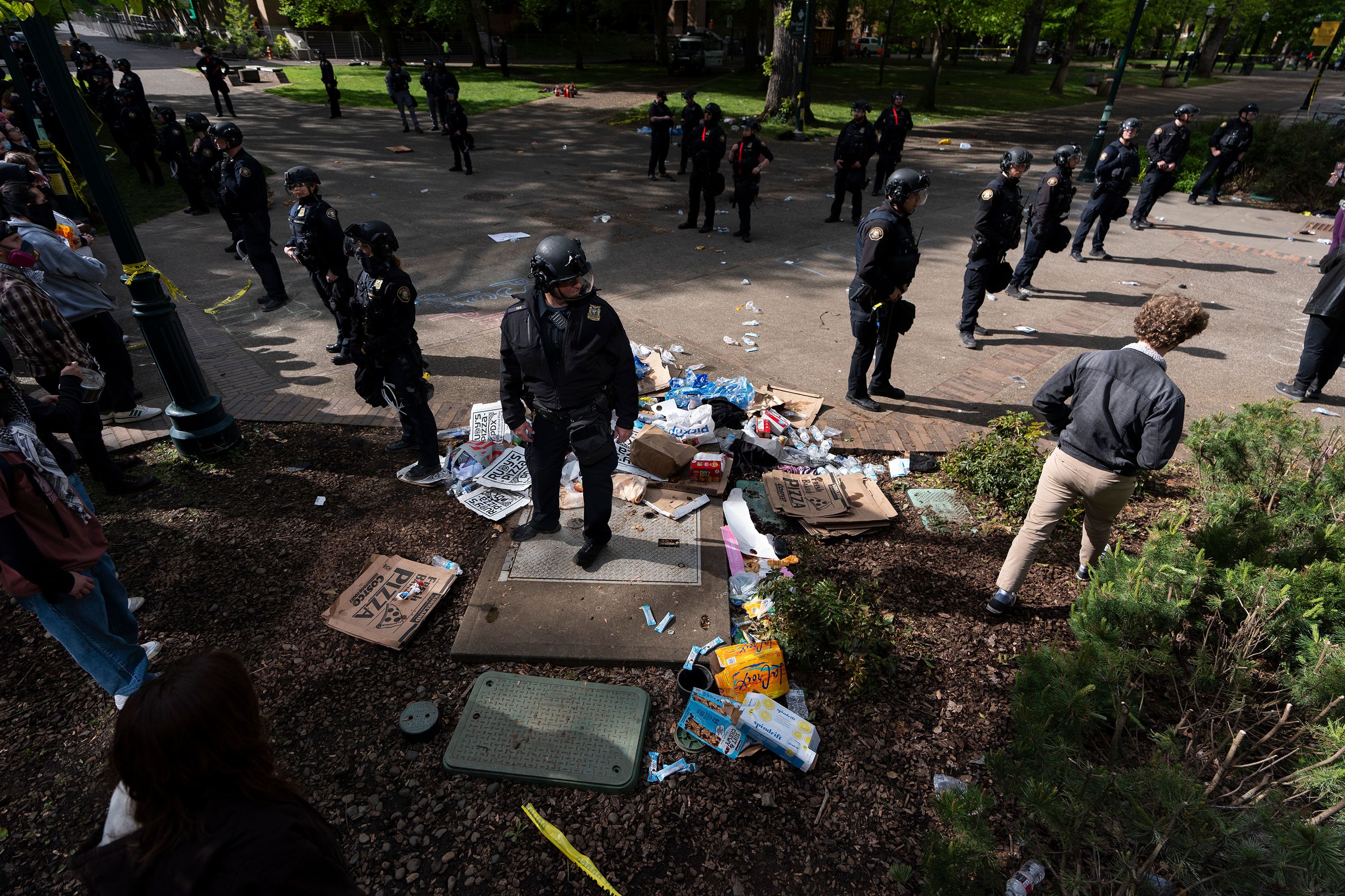 Police officers block off an area on the Portland State University campus in Portland, Oregon, on May 2.