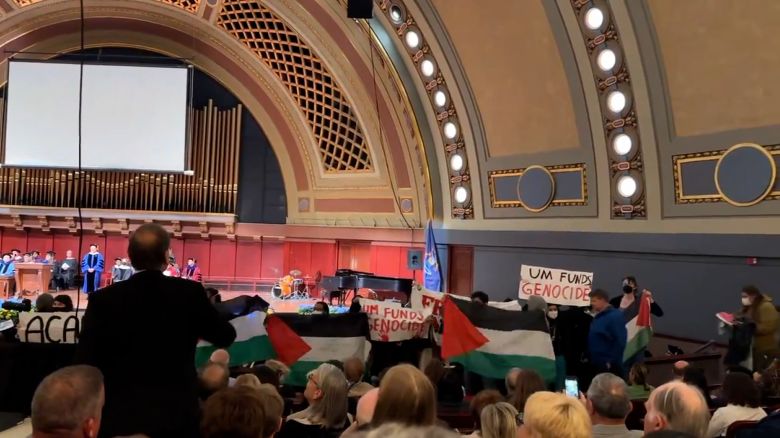 Protesters interrupted the University of Michigan School of Music, Theatre & Dance commencement ceremony Friday, May 3, 2024, according to a video from a reporter with CNN affiliate the Richmond Times-Dispatch.  