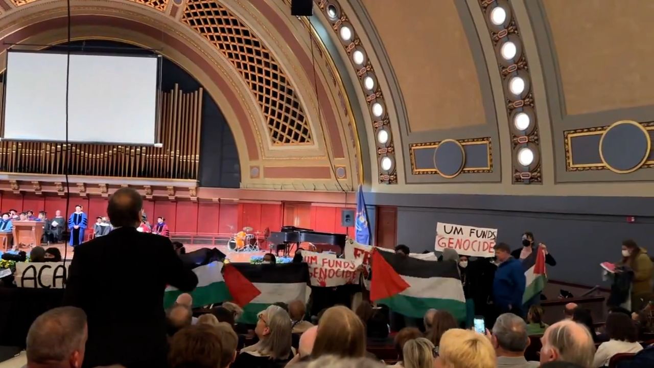 Protesters interrupted the University of Michigan School of Music, Theatre & Dance commencement ceremony Friday, May 3, 2024, according to a video from a reporter with CNN affiliate the Richmond Times-Dispatch.  
