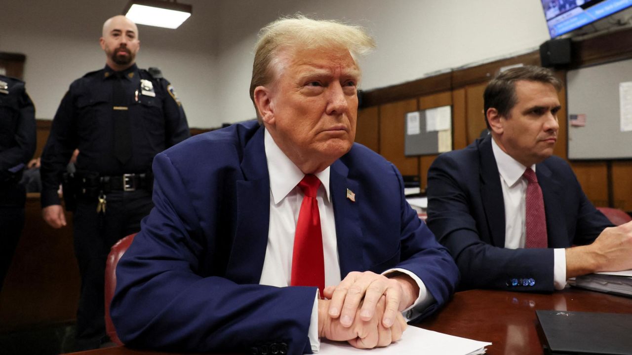 Republican presidential candidate and former U.S. President Donald Trump sits in the courtroom, as his criminal trial over charges that he falsified business records to conceal money paid to silence porn star Stormy Daniels in 2016 continues, at Manhattan state court in New York City, U.S., May 6, 2024. REUTERS/Brendan McDermid/Pool