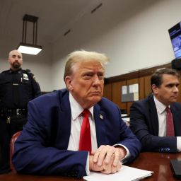 Republican presidential candidate and former U.S. President Donald Trump sits in the courtroom, as his criminal trial over charges that he falsified business records to conceal money paid to silence porn star Stormy Daniels in 2016 continues, at Manhattan state court in New York City, U.S., May 6, 2024. REUTERS/Brendan McDermid/Pool