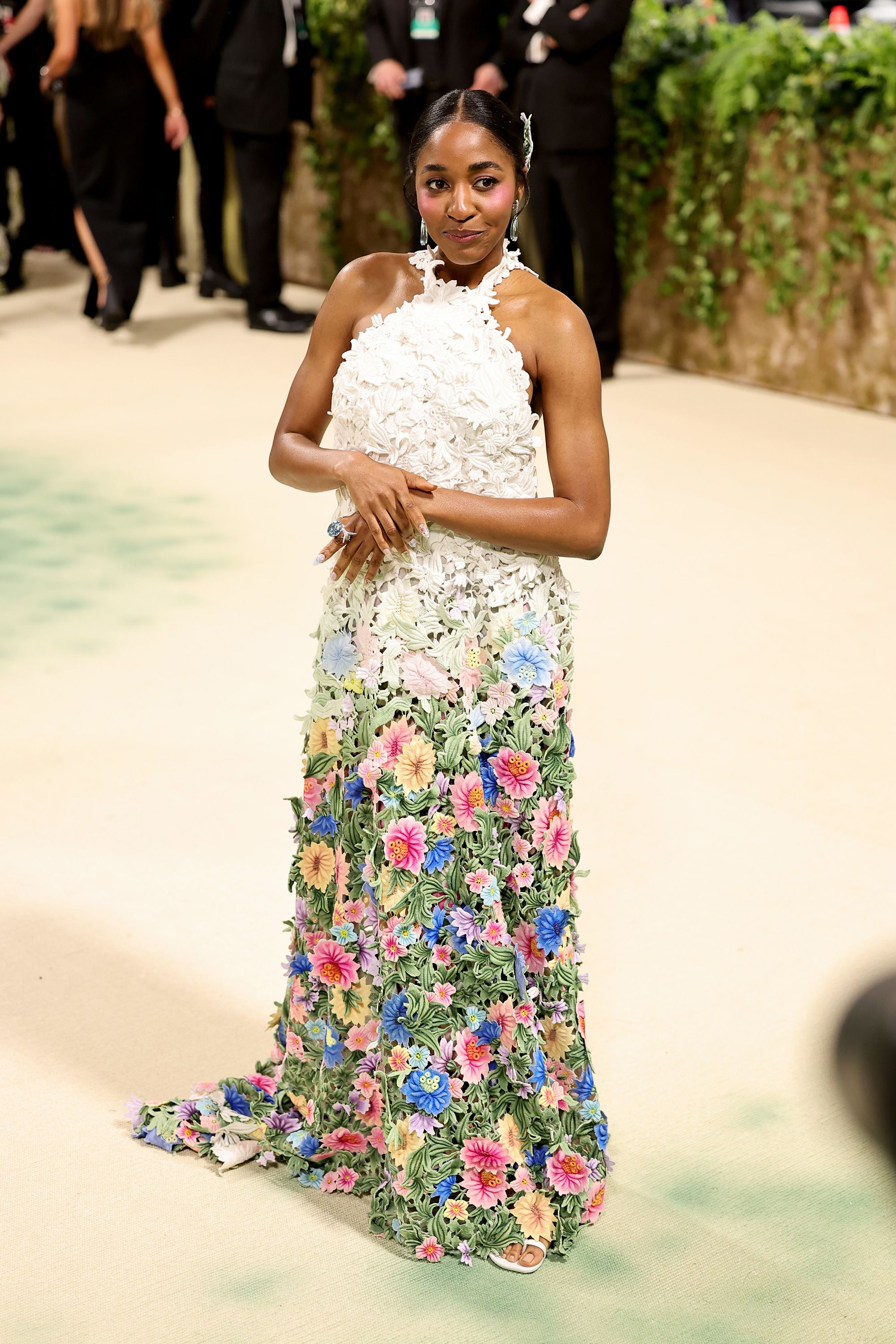 'The Bear' star Ayo Edebiri's custom lace Loewe dress was hand painted and hand embroidered to create an optical illusion of 3D flowers.