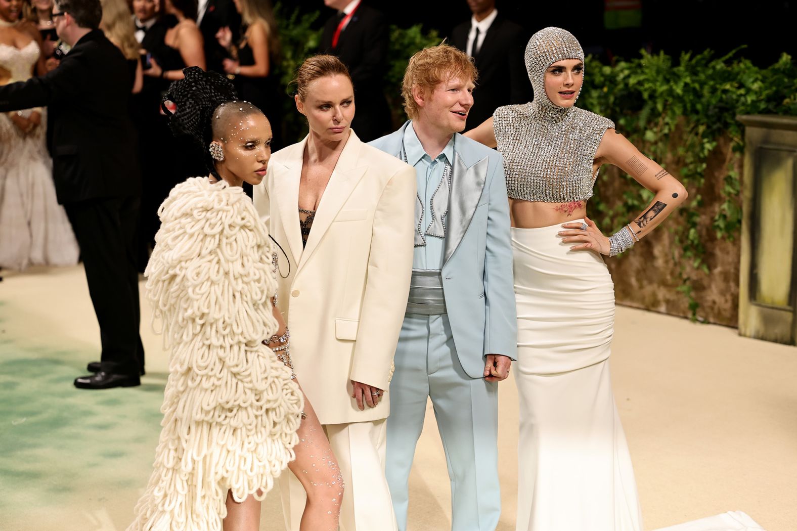 From left: FKA Twigs, Stella McCartney, Ed Sheeran, and Cara Delevingne brought more sustainable practices to focus wearing Stella McCartney embellished or accessorized with lab grown diamonds from Vrai, including a 500 carat bodice and hood for Delevingne.<br />