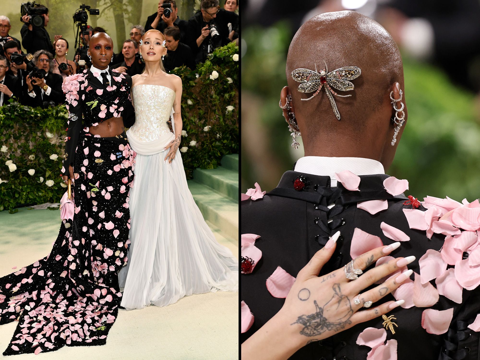 'Wicked' co-stars Cynthia Erivo and Ariana Grande walked the red carpet together, Ervo in a pink petal-strewn black Thom Browne ensemble while Grande contrasted in a white Loewe dress, the top of which was made of mother of pearl and a pleated silk chiffon bottom hand-painted to mimic the surface of an iridescent shell. 