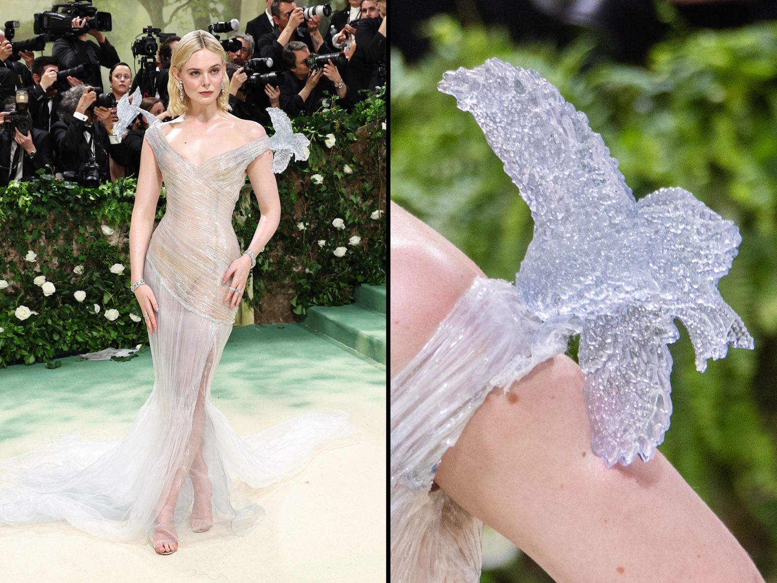 Elle Fanning in an ethereal Balmain number. The organza bustier gown is hand-covered with four layers of resin for a trompe-l'oeil glass effect and features an illusion of fabric lifted by two birds sculpted in gray-blue resin.