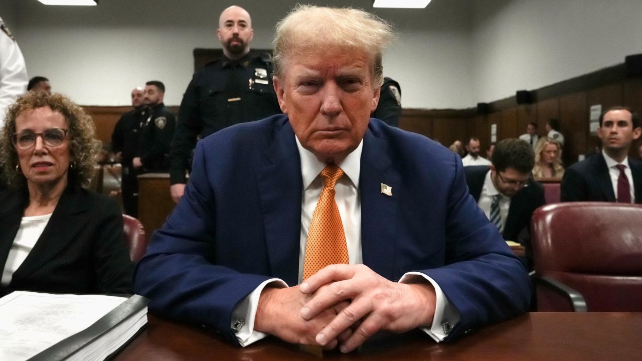 Republican presidential candidate and former U.S. President Donald Trump looks on in the courtroom, as his criminal trial over charges that he falsified business records to conceal money paid to silence porn star Stormy Daniels in 2016 continues, in New York City, U.S., May 7, 2024. REUTERS/David Dee Delgado/Pool