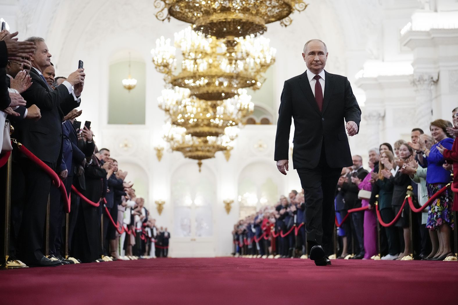 Vladimir Putin walks to take his <a href="index.php?page=&url=https%3A%2F%2Fedition.cnn.com%2F2024%2F05%2F07%2Feurope%2Fputin-inauguration-russia-president-fifth-term-intl%2Findex.html" target="_blank">oath as Russian president</a> during an inauguration ceremony in the Grand Kremlin Palace in Moscow, Russia, on May 7, 2024. 