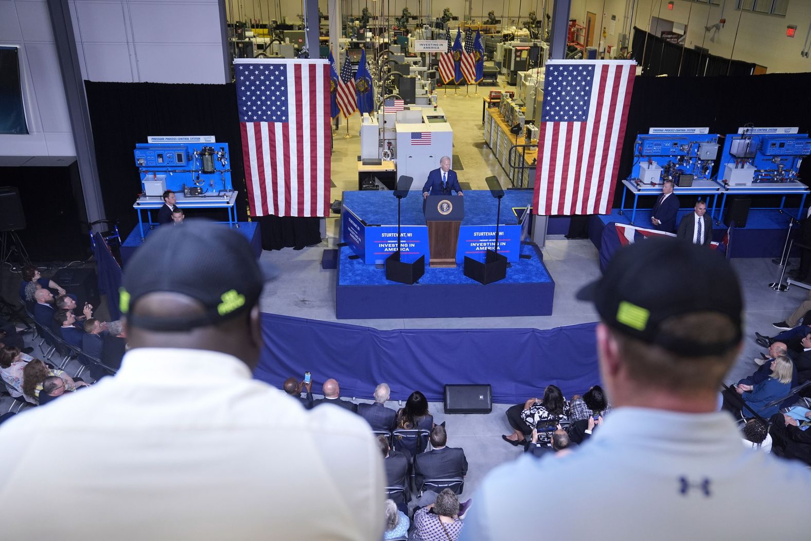 US President Joe Biden delivers remarks Wednesday, May 8, at Gateway Technical College in Sturtevant, Wisconsin. Biden announced a $3.3 billion investment from Microsoft <a href="index.php?page=&url=https%3A%2F%2Fwww.cnn.com%2F2024%2F05%2F08%2Ftech%2Fmicrosoft-ai-wisconsin%2Findex.html" target="_blank">to build a new artificial intelligence facility</a> on the same site where, in 2018, then-President Donald Trump broke ground using a golden shovel on what was supposed to be a signature project under his administration: an electronics factory for Taiwan's Foxconn, which had secured billions in tax credits and promised thousands of jobs.