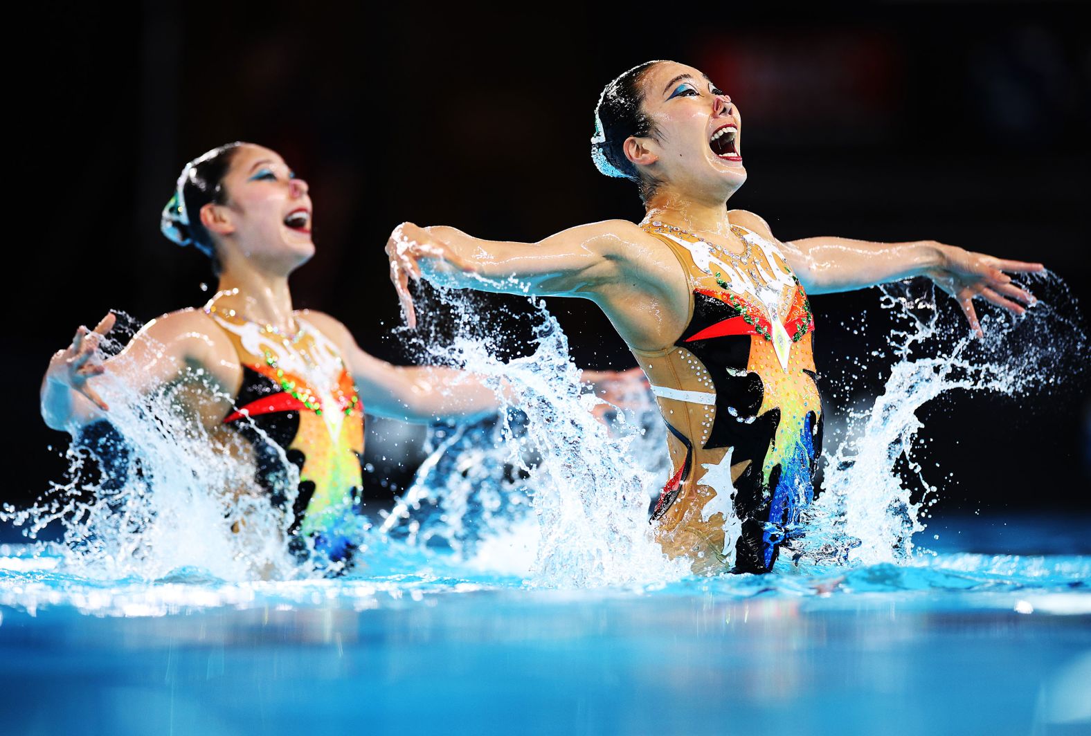 Moe Higa and Mashiro Yasunaga, artistic swimmers from Japan, perform a duet routine during a World Cup event in Paris on Friday, May 3. They won the silver.