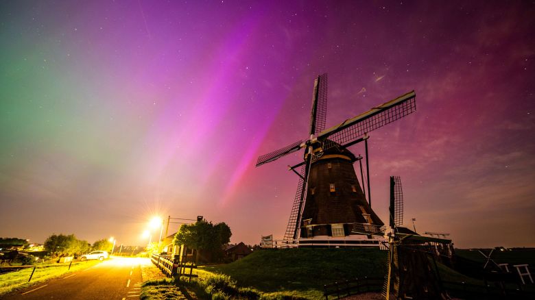 Mandatory Credit: Photo by JOSH WALET/EPA-EFE/Shutterstock (14474992a)
The Northern lights (aurora borealis) lights up the night sky above the Molenviergang in Aarlanderveen, the Netherlands, early on 11 May 2024. The National Oceanic and Atmospheric Administration (NOAA) of America has warned that the strongest geomagnetic storm for 20 years is set to hit Earth, making the Aurora Borealis, or Northern Lights, visible at much lower geomagnetic latitudes than usual.
Northern Lights visible across the Netherlands, Aarlanderveen - 11 May 2024