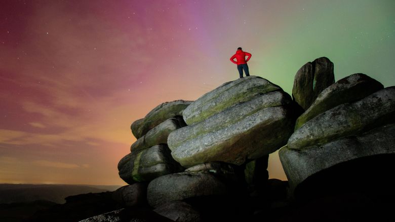 UNITED KINGDOM, Sheffield, 11 May 2024. 
The Aurora Borealis, or Northern Lights, are seen over Higher Tor in the Peak District near Sheffield, UK, during one of the strongest geomagnetic storms for years.
Aurora Borealis seen over the Peak District, UK - 11 May 2024
