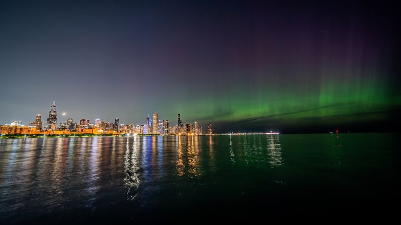 Northern Lights witnessed over the Chicago skyline as seen from the city's museum campus" - Chicago, IL, Saturday, May 11th, 2024.
