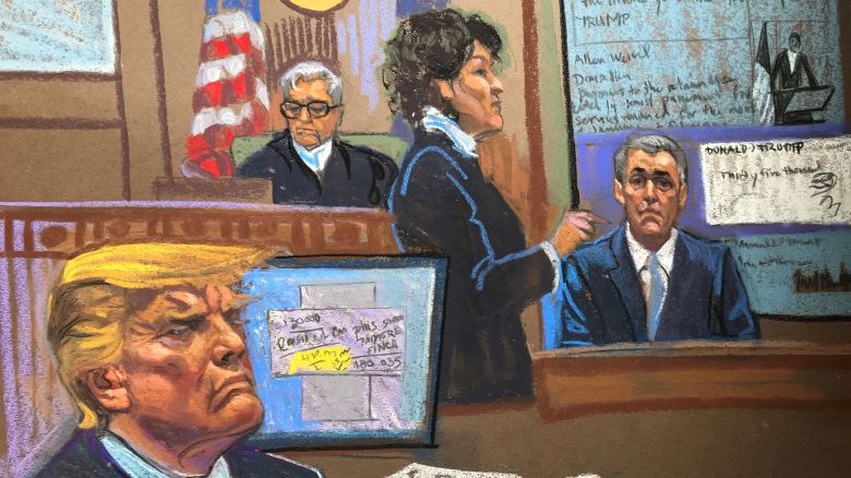 This sketch from court shows former President Donald Trump, left, and Michael Cohen, right, in court on Tuesday, May 14, in New York.