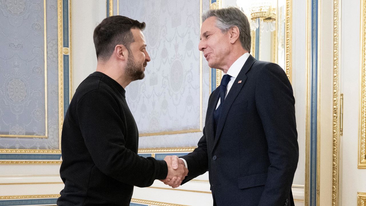TOPSHOT - Ukraine's President Volodymyr Zelensky (L) greets US Secretary of State Antony Blinken (R) prior to their meeting in Kyiv on May 14, 2024. US Secretary of State Antony Blinken arrived on May 14, 2024 in Kyiv on an unannounced visit to assure Ukraine of continued American support and the flow of much-needed weapons as Russia presses on with its new offensive in the northeastern Kharkiv region. (Photo by Brendan SMIALOWSKI / POOL / AFP) (Photo by BRENDAN SMIALOWSKI/POOL/AFP via Getty Images)