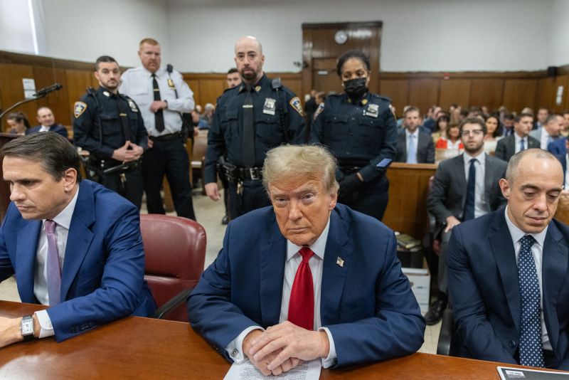 Former President Donald Trump appears in court during his trial for allegedly covering up hush money payments at Manhattan Criminal Court on May 16, 2024 in New York City.