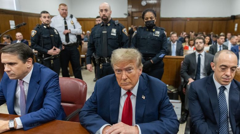 Former President Donald Trump appears in court during his trial for allegedly covering up hush money payments at Manhattan Criminal Court on May 16, 2024 in New York City.