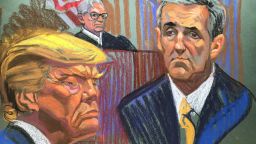 This court sketch shows former President Donald Trump, Judge Juan Merchan and Michael Cohen at Manhattan Criminal Court on May 16, 2024 in New York City.