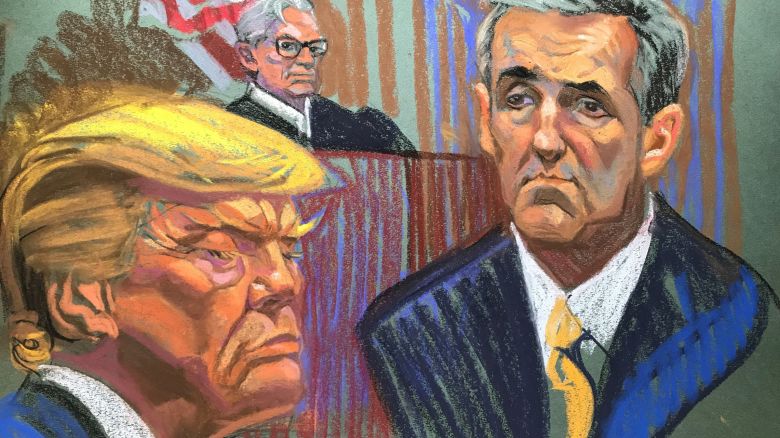 This court sketch shows former President Donald Trump, Judge Juan Merchan and Michael Cohen at Manhattan Criminal Court on May 16, 2024 in New York City.