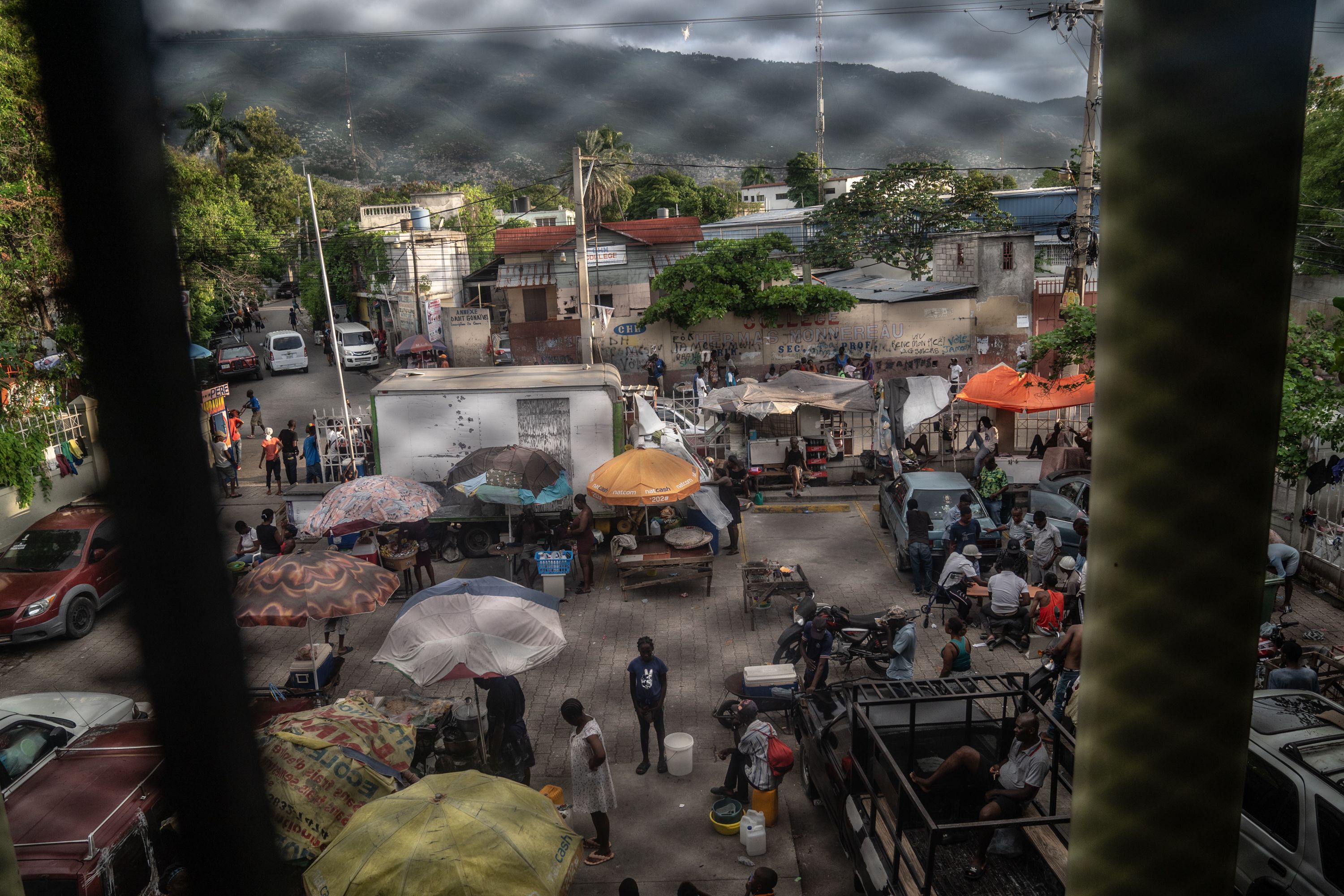 A view of the front courtyard from the former Ministry of Communication building in downtown Port-au-Prince. The building is now home to people displaced by gang violence. It has no running water or electricity.