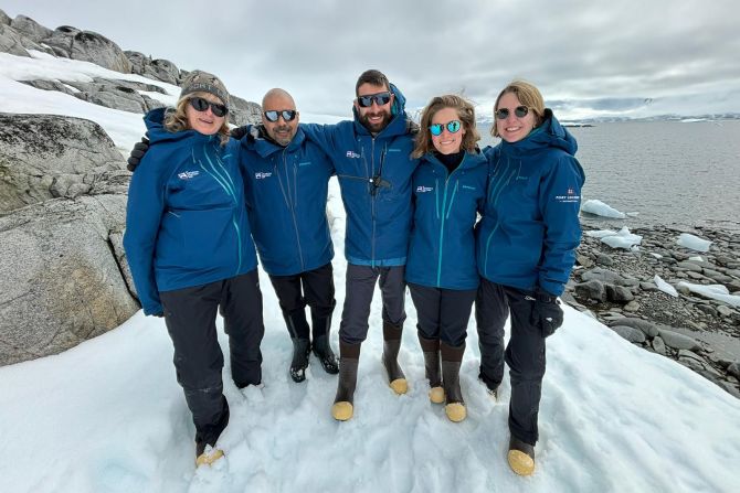 <strong>Working on the ice:</strong> Laura Bullesbach (far right) and some of her colleagues staffed the UK's Port Lockroy, the world's southernmost post office.