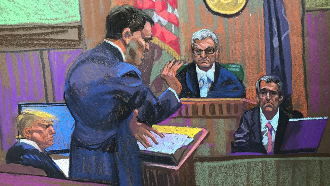 This sketch from court shows attorney Todd Blanche continuing his cross-examination of Michael Cohen on Monday.