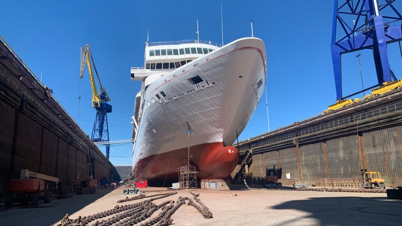 <strong>Villa Vie Odyssey:</strong> Pictured in dry dock at Harland & Wolff shipyard in Belfast, Northern Ireland, this ship is about to make big waves in the cruise industry.