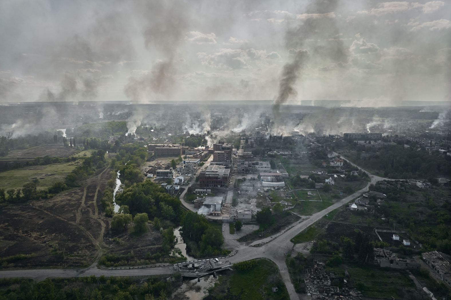 Buildings are damaged in Vovchansk, Ukraine, a town near the Russian border, on Monday, May 20. <a href="index.php?page=&url=https%3A%2F%2Fwww.cnn.com%2F2024%2F05%2F16%2Feurope%2Fvovchansk-evacuation-ukraine-russia-intl-latam%2Findex.html" target="_blank">Vovchansk has been devastated</a> by Russia's latest offensive.