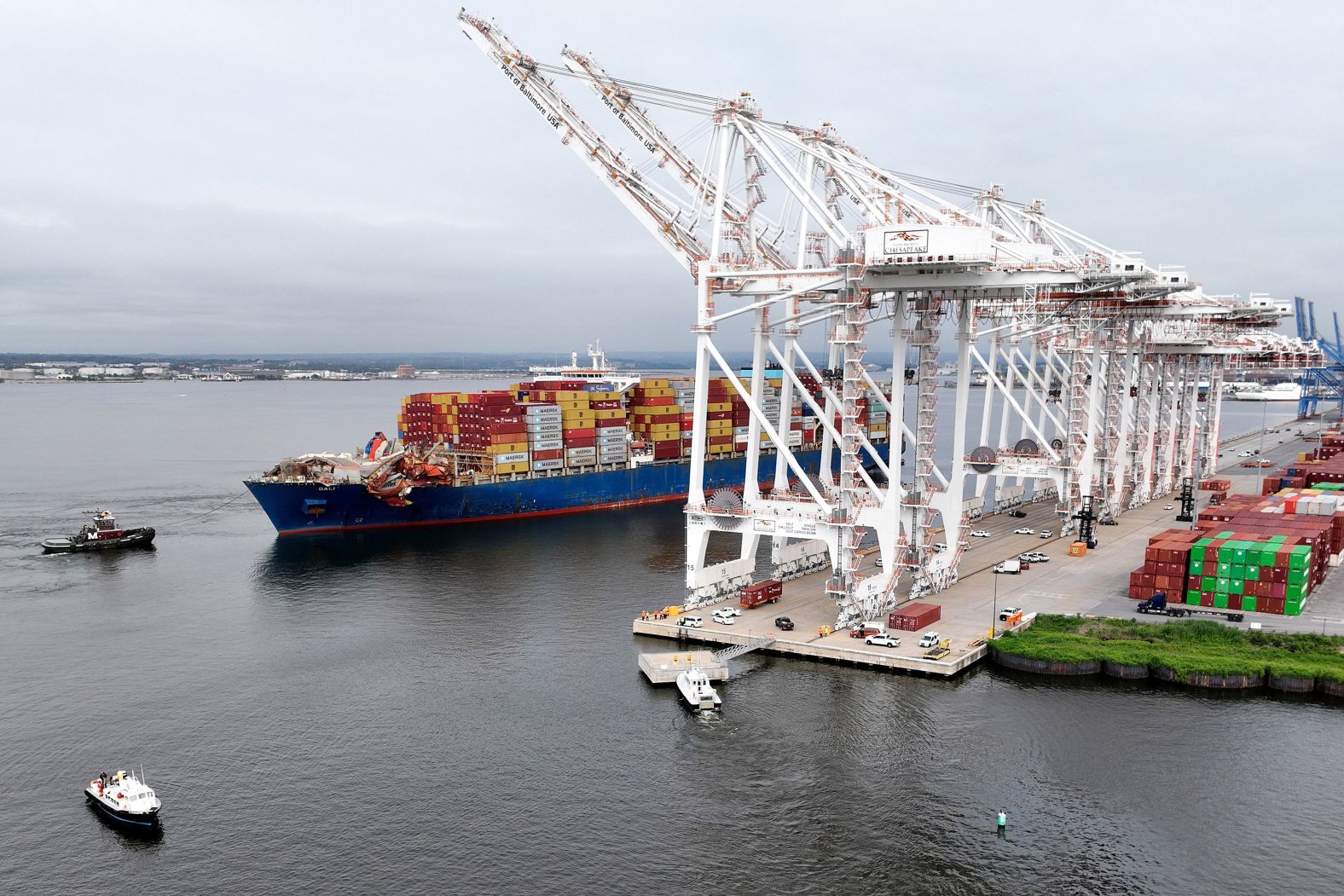 Tug boats maneuver the damaged cargo ship Dali into the Seagirt Marine Terminal in Baltimore on Monday, May 20. After 55 days stuck in the Patapsco River, <a href="index.php?page=&url=https%3A%2F%2Fwww.cnn.com%2F2024%2F05%2F20%2Fus%2Fbaltimore-bridge-collapse-ship-relocation%2Findex.html" target="_blank">the ship was hauled away</a> from the site of its <a href="index.php?page=&url=https%3A%2F%2Fwww.cnn.com%2F2024%2F05%2F14%2Fus%2Fbaltimore-bridge-collapse-ntsb-report%2Findex.html" target="_blank">catastrophic crash</a> into the Francis Scott Key Bridge.