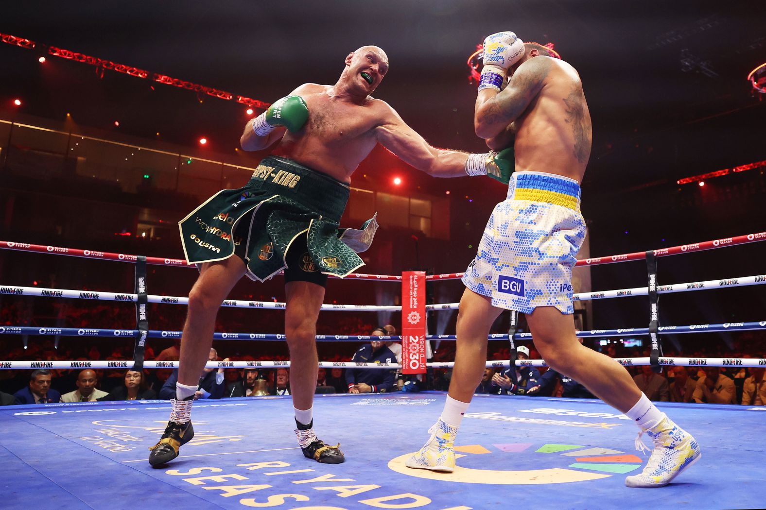 Tyson Fury punches Oleksandr Usyk during their heavyweight title fight in Riyadh, Saudi Arabia, on Saturday, May 18. Usyk, a 37-year-old Ukrainian, <a href="index.php?page=&url=https%3A%2F%2Fwww.cnn.com%2F2024%2F05%2F18%2Fsport%2Fusyk-fury-undisputed-champion-intl-hnk%2Findex.html" target="_blank">won the bout by split decision</a>. He is the first undisputed champ since the end of Lennox Lewis' reign in April 2000.
