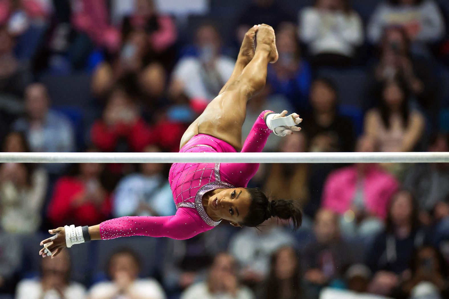 Simone Biles competes on the uneven bars during the Core Hydration Classic in Hartford, Connecticut, on Saturday, May 18. <a href="index.php?page=&url=https%3A%2F%2Fwww.cnn.com%2F2024%2F05%2F18%2Fsport%2Fcore-hydration-classic-preview-simone-biles-spt-intl%2Findex.html" target="_blank">Biles won the all-around gold</a>, marking a perfect start to her season before the Olympic Games in Paris this summer.