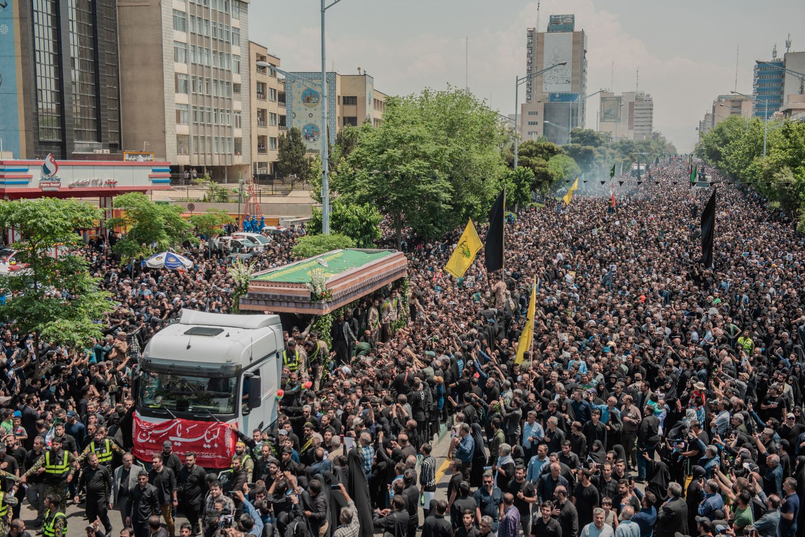 Mourners in Tehran, Iran, attend the state-organized funeral procession of <a href="index.php?page=&url=https%3A%2F%2Fwww.cnn.com%2F2024%2F05%2F21%2Fworld%2Firan-begins-days-of-funeral-ceremonies-for-president-raisi-as-investigators-probe-helicopter-crash%2Findex.html" target="_blank">Iranian President Ebrahim Raisi</a> on Wednesday, May 22.