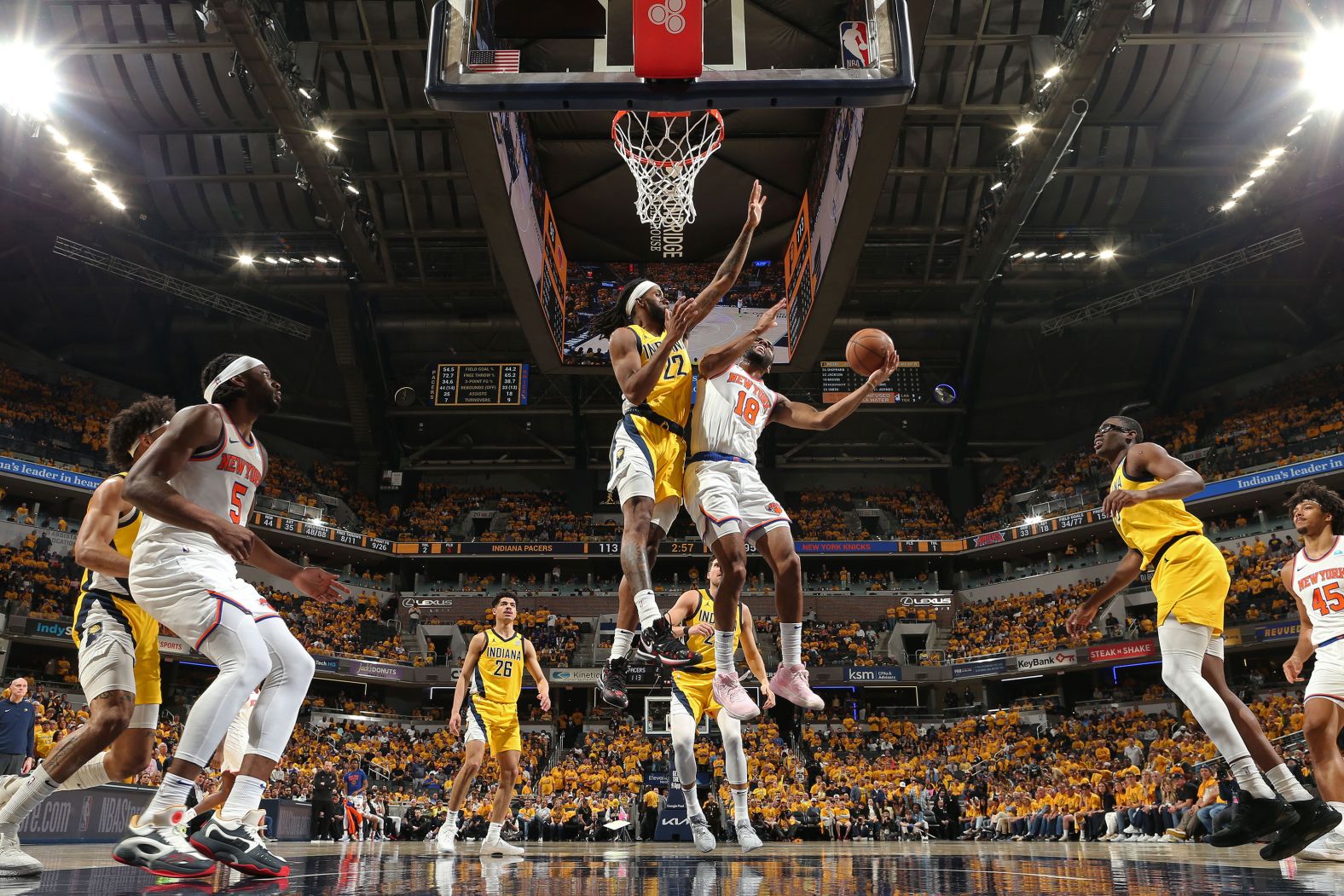 The New York Knicks' Alec Burks drives to the basket during an NBA playoff game against the Indiana Pacers on Friday, May 17. The Pacers would go on to win the series in seven games and advance to the Eastern Conference Finals.