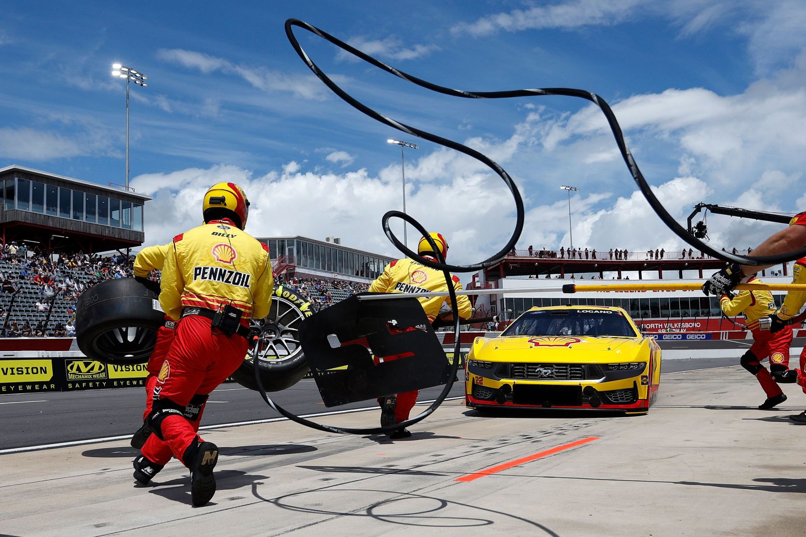 Joey Logano pits during qualifying for the NASCAR All-Star Race in North Wilkesboro, North Carolina, on Saturday, May 18. Logano won pole position for the race, which he won the next day.