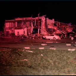 This screen grab from a CNN affiliate video shows storm damage in Sanger, Texas, on May 26.