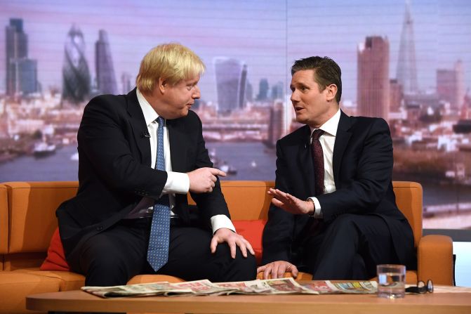 Starmer appears on "The Andrew Marr Show" with then-Foreign Secretary Boris Johnson in 2016. Labour leader Jeremy Corbyn made Starmer the party's shadow Brexit spokesperson following the 2016 referendum. In the UK, the main opposition party has "shadow" ministers who hold political portfolios.
