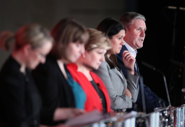 From right, Labour leadership candidates Starmer, Lisa Nandy, Emily Thornberry, Jess Phillips and Rebecca Long-Bailey debate one another in Liverpool in January 2020.