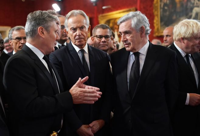Starmer, left, speaks with former British prime ministers Tony Blair, center, and Gordon Brown during the Accession Council ceremony in London where King Charles III was formally proclaimed monarch in September 2022.
