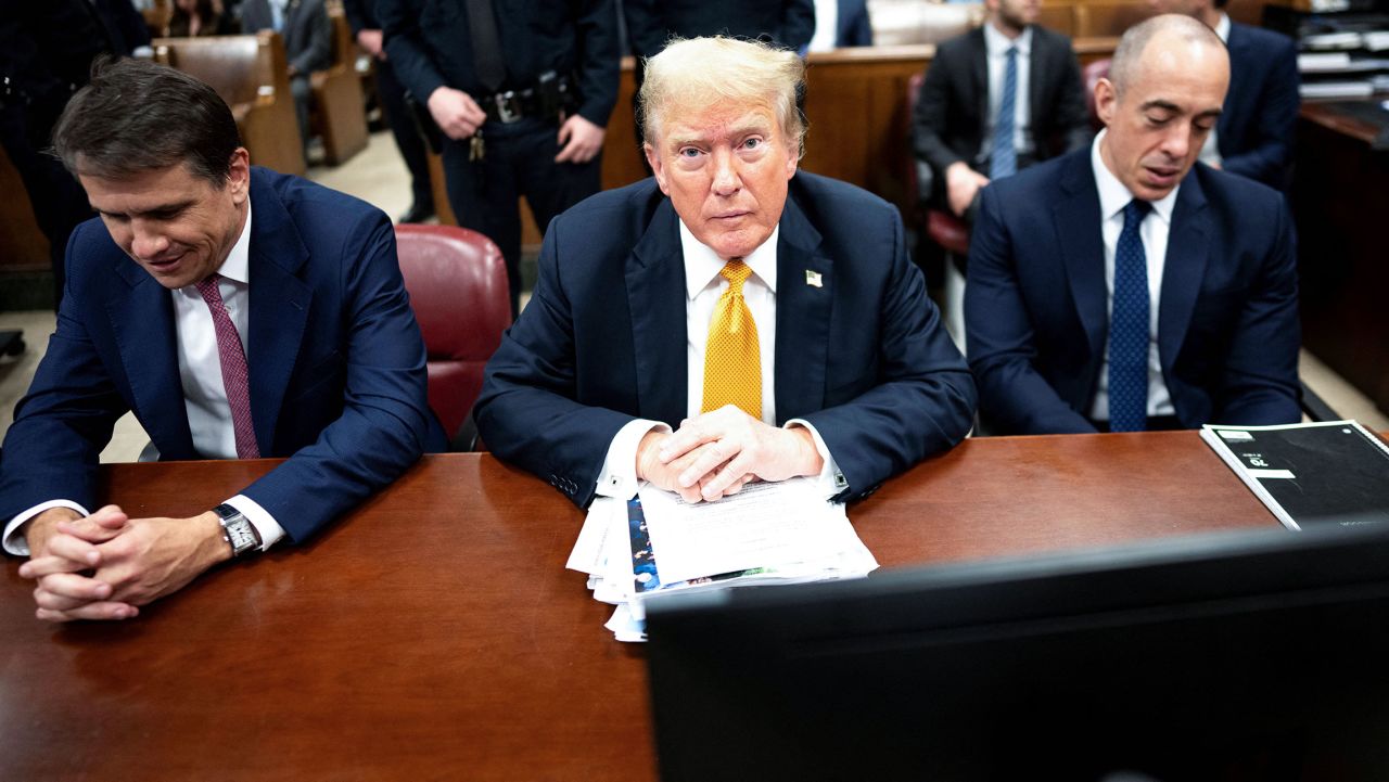 Former US President and Republican presidential candidate Donald Trump awaits the start of proceedings in his criminal trial at Manhattan Criminal Court in New York City on May 29, 2024.