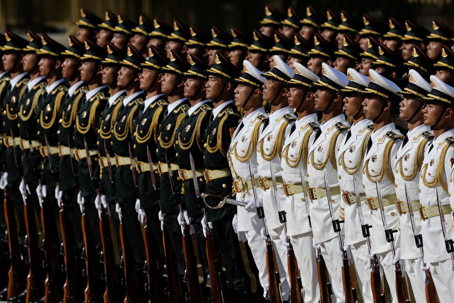 Honor guard members stand at the Great Hall of the People in Beijing during a welcoming ceremony for Equatorial Guinean President Teodoro Obiang Nguema Mbasogo on Tuesday, May 28. 