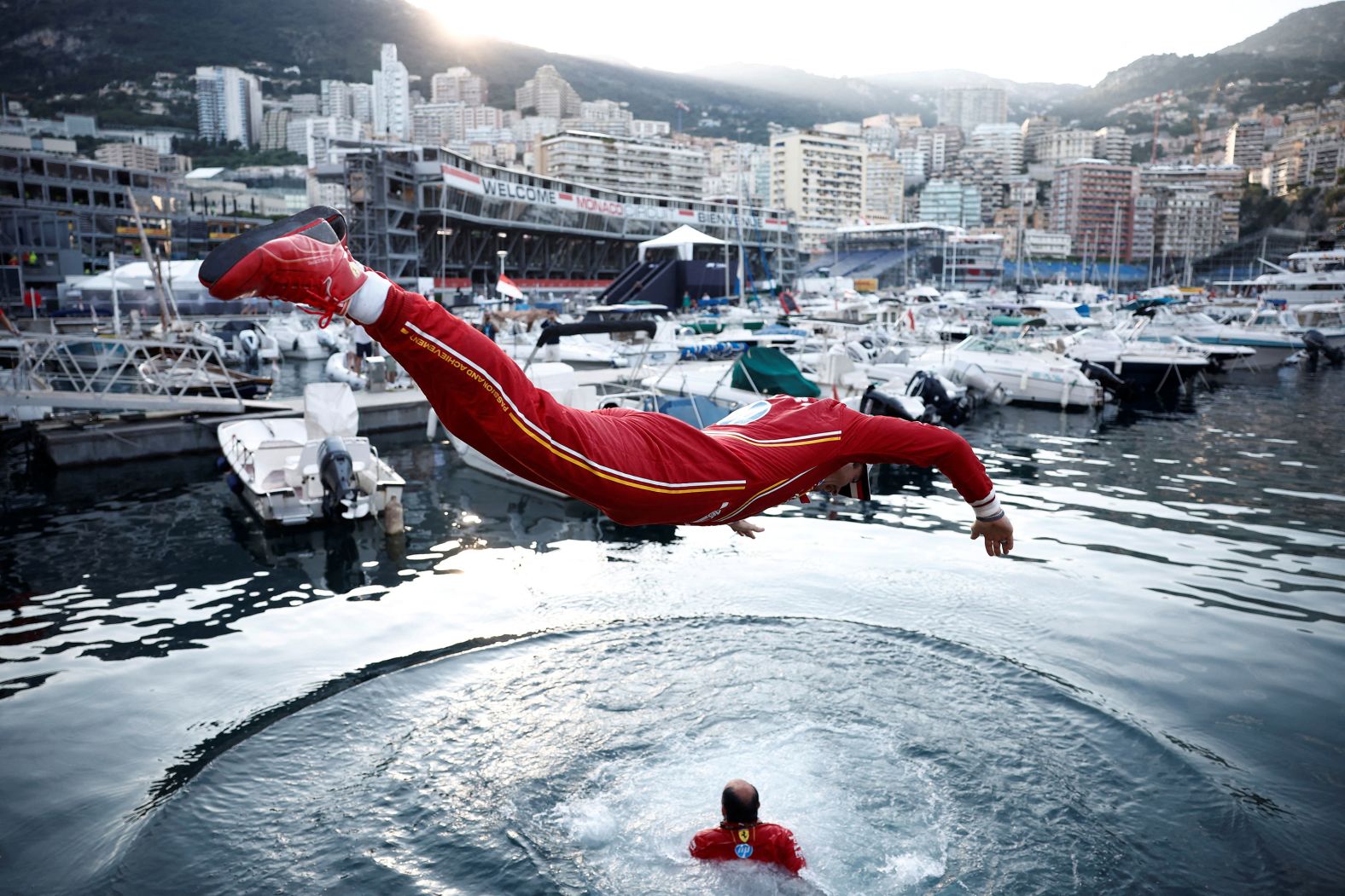 Formula One driver Charles Leclerc jumps into the marina after <a href="index.php?page=&url=https%3A%2F%2Fwww.cnn.com%2F2024%2F05%2F26%2Fsport%2Fcharles-leclerc-2024-monaco-grand-prix-spt-intl%2Findex.html" target="_blank">winning the Monaco Grand Prix</a> on Sunday, May 26. Leclerc is from Monaco, and this was his first time winning the race.