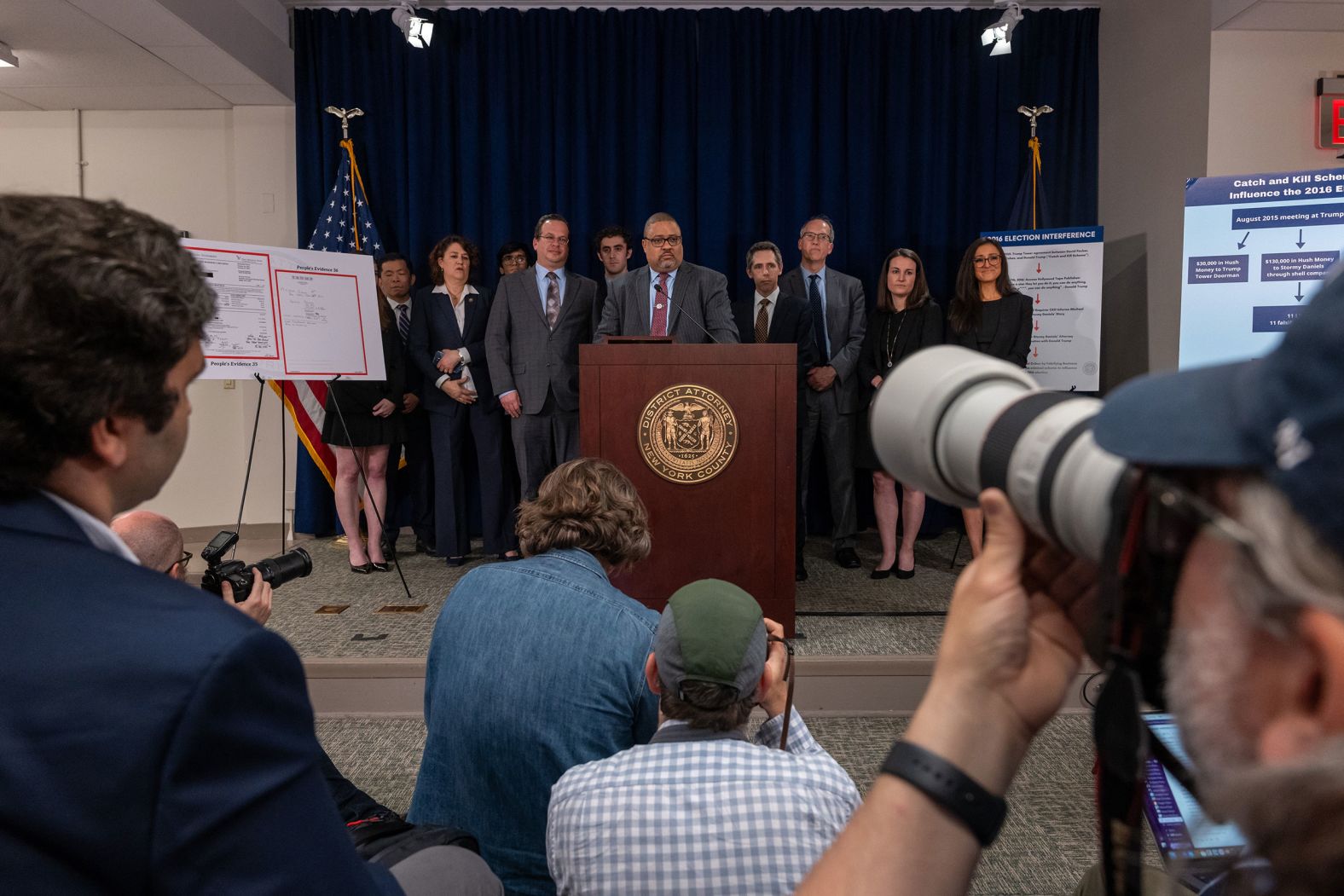 Manhattan District Attorney Alvin Bragg stands with members of his staff at a news conference held following Trump's conviction. "Our job is to follow the facts and the law without fear or favor, and that's exactly what we did here," <a href="index.php?page=&url=https%3A%2F%2Fwww.cnn.com%2Fpolitics%2Flive-news%2Ftrump-hush-money-trial-05-30-24%2Fh_d9e4d2141c254d4d37cf9b6a7e94e8d3" target="_blank">Bragg said</a>, adding that while there are "many voices out there, the only voice that matters is the voice of the jury."