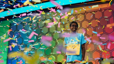 Bruhat Soma, 12, of Tampa, Fla., stands amid confetti after winning the Scripps National Spelling Bee, in Oxon Hill, Md., Thursday, May 30, 2024.