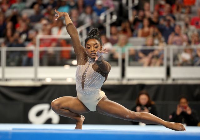 Simone Biles competes in the floor exercise during the US Gymnastics Championships in Fort Worth, Texas, in June 2024. <a href="index.php?page=&url=https%3A%2F%2Fwww.cnn.com%2F2024%2F06%2F02%2Fsport%2Fsimone-biles-xfinity-us-gymnastics-championships-second-day-spt-intl%2Findex.html" target="_blank">Biles dominated the event</a>, turning in the top cumulative scores in the four events -- balance beam, floor exercise, uneven bars and vault -- despite a second day spill in the latter. 