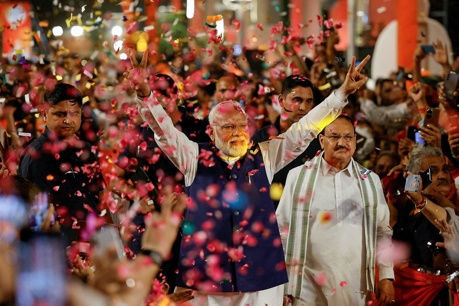 Indian Prime Minister Narendra Modi gestures as he arrives at Bharatiya Janata Party (BJP) headquarters in New Delhi, on June 4. Modi's victory makes him the first leader since India's founding Prime Minister Jawaharlal Nehru to secure a third five-year term.