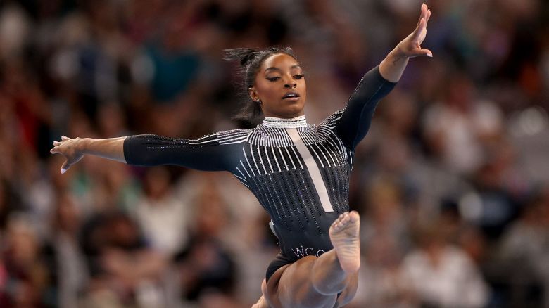 FORT WORTH, TEXAS - MAY 31: Simone Biles competes in the floor exercise during the 2024 Xfinity U.S. Gymnastics Championships at Dickies Arena on May 31, 2024 in Fort Worth, Texas. (Photo by Elsa/Getty Images)