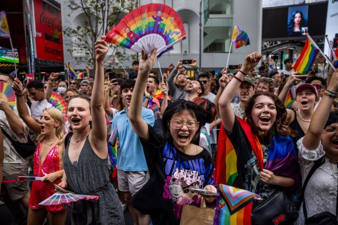 People cheer during the Bangkok Pride Parade in Bangkok, Thailand, on Saturday, June 1. Earlier this year, Thailand's House of Representatives <a href="https://www.cnn.com/2024/03/27/asia/thailand-passes-marriage-equality-bill-intl-hnk/index.html" target="_blank">voted to legalize same-sex marriage</a>, bringing the country a step closer to becoming the third territory in Asia to guarantee equal marital rights.