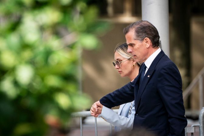 Hunter Biden, son of US President Joe Biden, leaves a federal courthouse in Wilmington, Delaware, along with his wife, Melissa, on Tuesday, June 4. Hunter Biden is <a href="https://www.cnn.com/2024/06/02/politics/hunter-biden-trial-preview/index.html" target="_blank">standing trial on felony gun charges</a>. He is accused of illegally purchasing and possessing a gun while abusing or being addicted to drugs, a violation of federal law. He pleaded not guilty to the three charges, though he has been open about his struggles with alcohol and crack cocaine addiction.